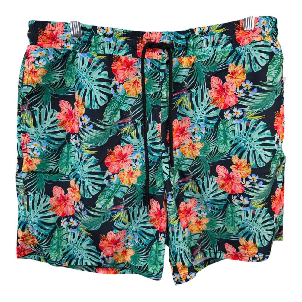 Centro Men's Tropical Floral Swim Trunks XL Black Hibiscus Lined Drawstring NWT